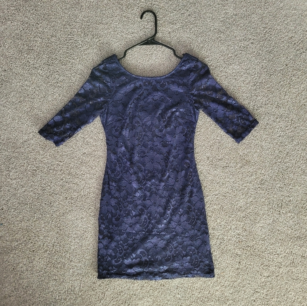 Navy Blue Lace Mini Dress w/ Flower Pattern | BCX | Size 3 (Juniors)